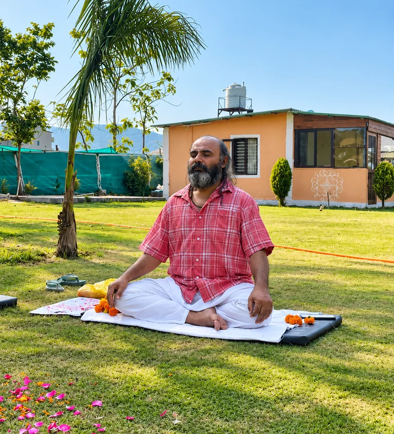 Yogi Prakash, founder of Triguna Yoga School, seated in meditation on the campus lawn